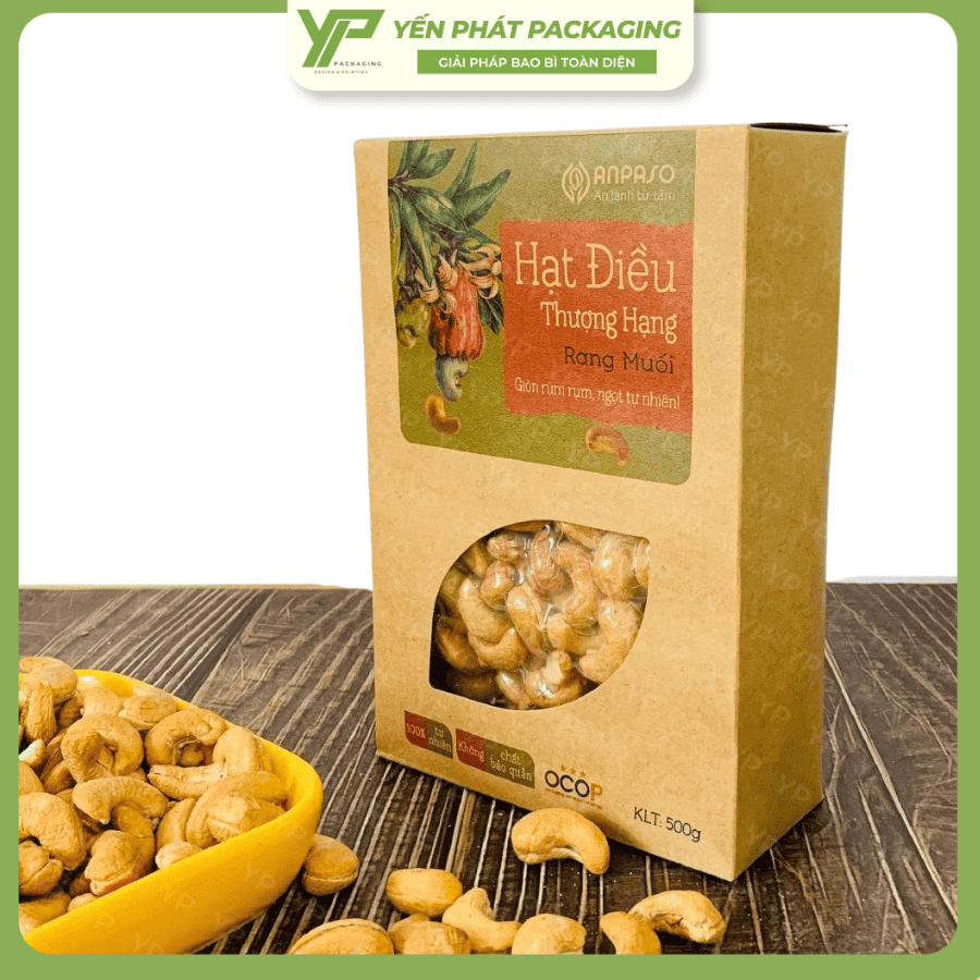 Bao bì hạt điều hộp giấy và túi hút chân không
