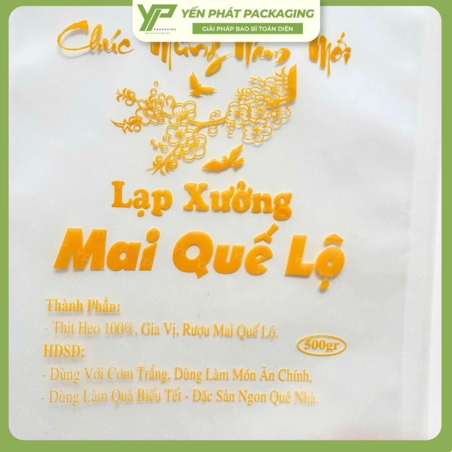 Túi màng ghép PA/PE đựng lạp xưởng, được in lụa tại xưởng Yến Phát