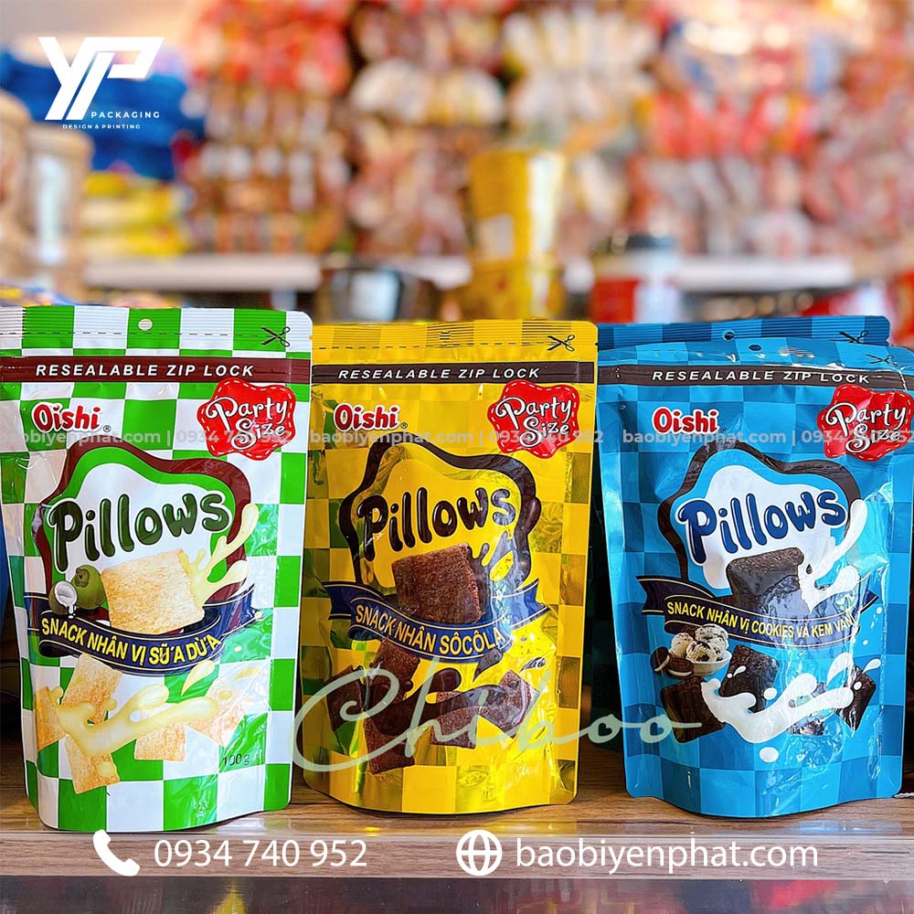 Túi đựng bánh Oishi Pillows bằng túi zip đáy đứng in màng ghép đa lớp