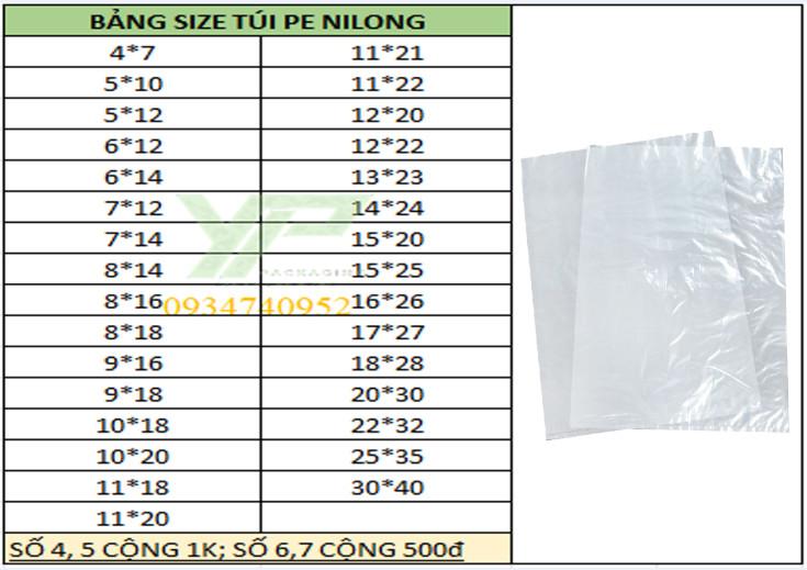 Bảng kích thước túi nilon đựng đường sẵn có tại Bao Bì Yến Phát