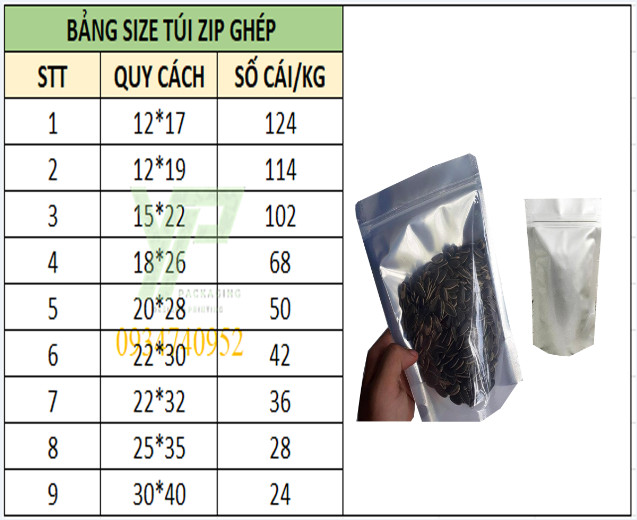 Bảng size túi zip ghép bạc