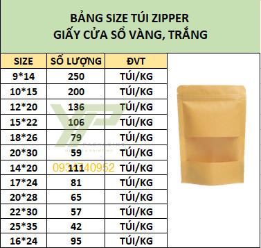 Bảng kích thước túi zip giấy cửa sổ phổ biến tại Bao Bì Yến Phát