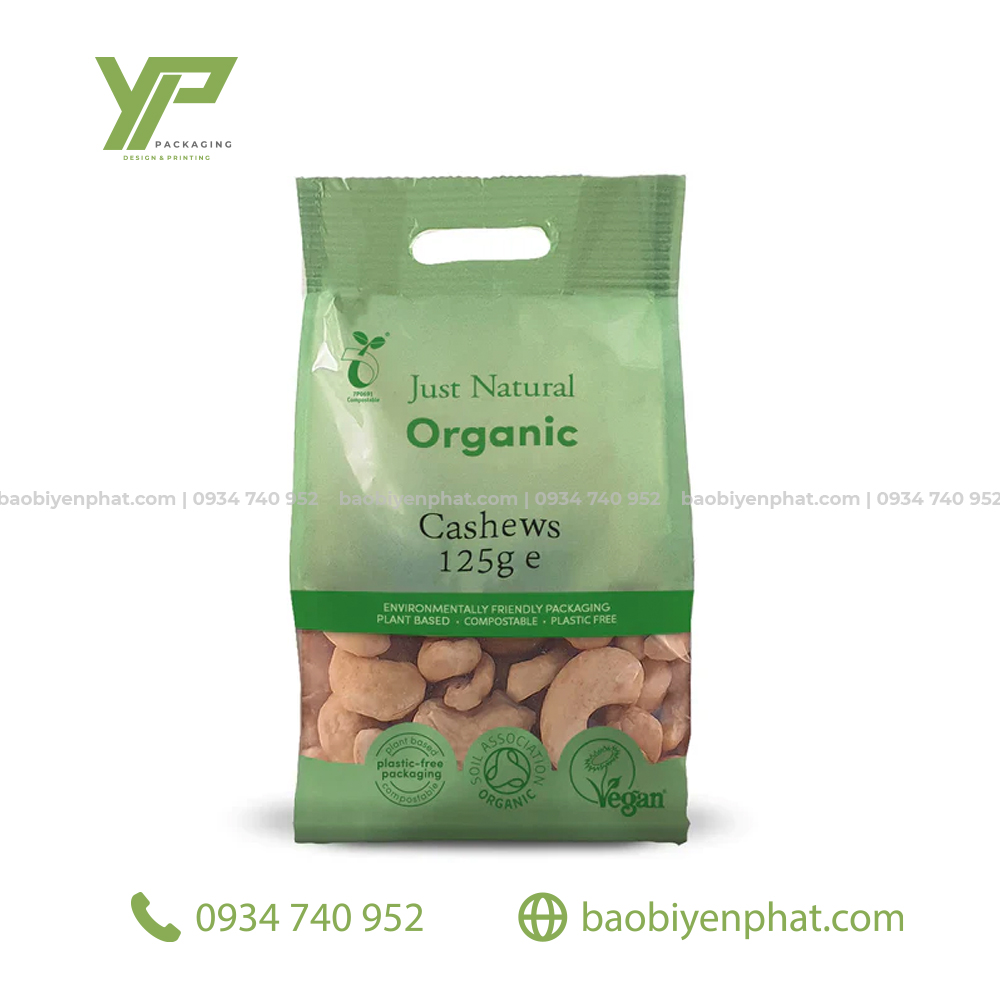 Mẫu túi in màng ghép 4 cạnh đựng hạt điều