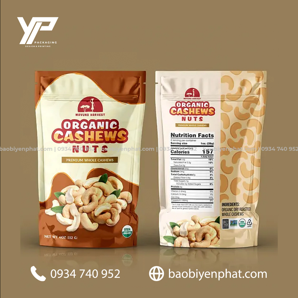 Mẫu túi zip đựng hạt điều với thiết kế đẹp mắt và đầy đủ thông tin sản phẩm
