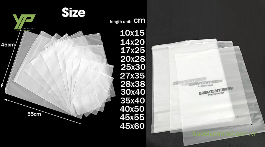 Bảng kích thước túi zip khóa kéo