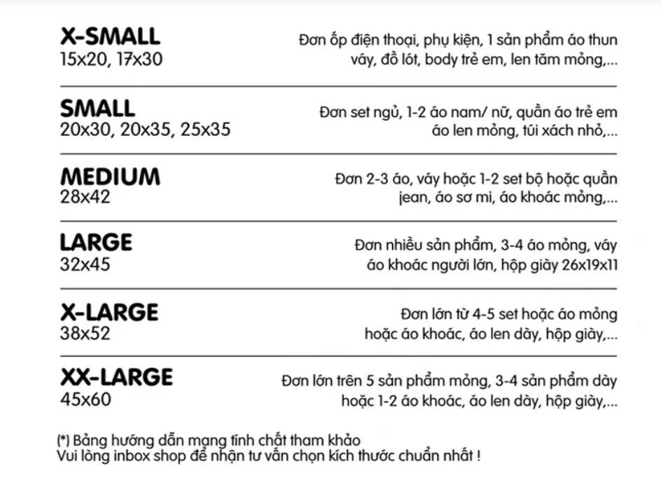 Bảng size tham khảo túi niêm phong dành cho các shop